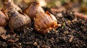 Ultra close-up macro of plump spring flower bulbs resting in rich dark loam potting soil