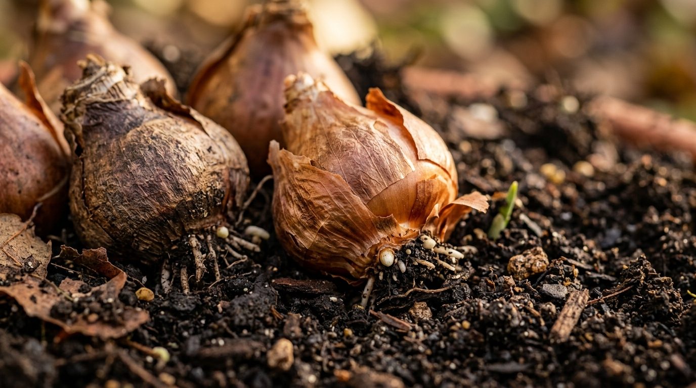 Ultra close-up macro of plump spring flower bulbs resting in rich dark loam potting soil