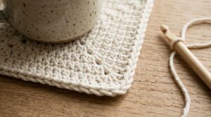Ultra close-up macro of handmade square crochet coaster with twisted crab stitch border in natural ecru cotton