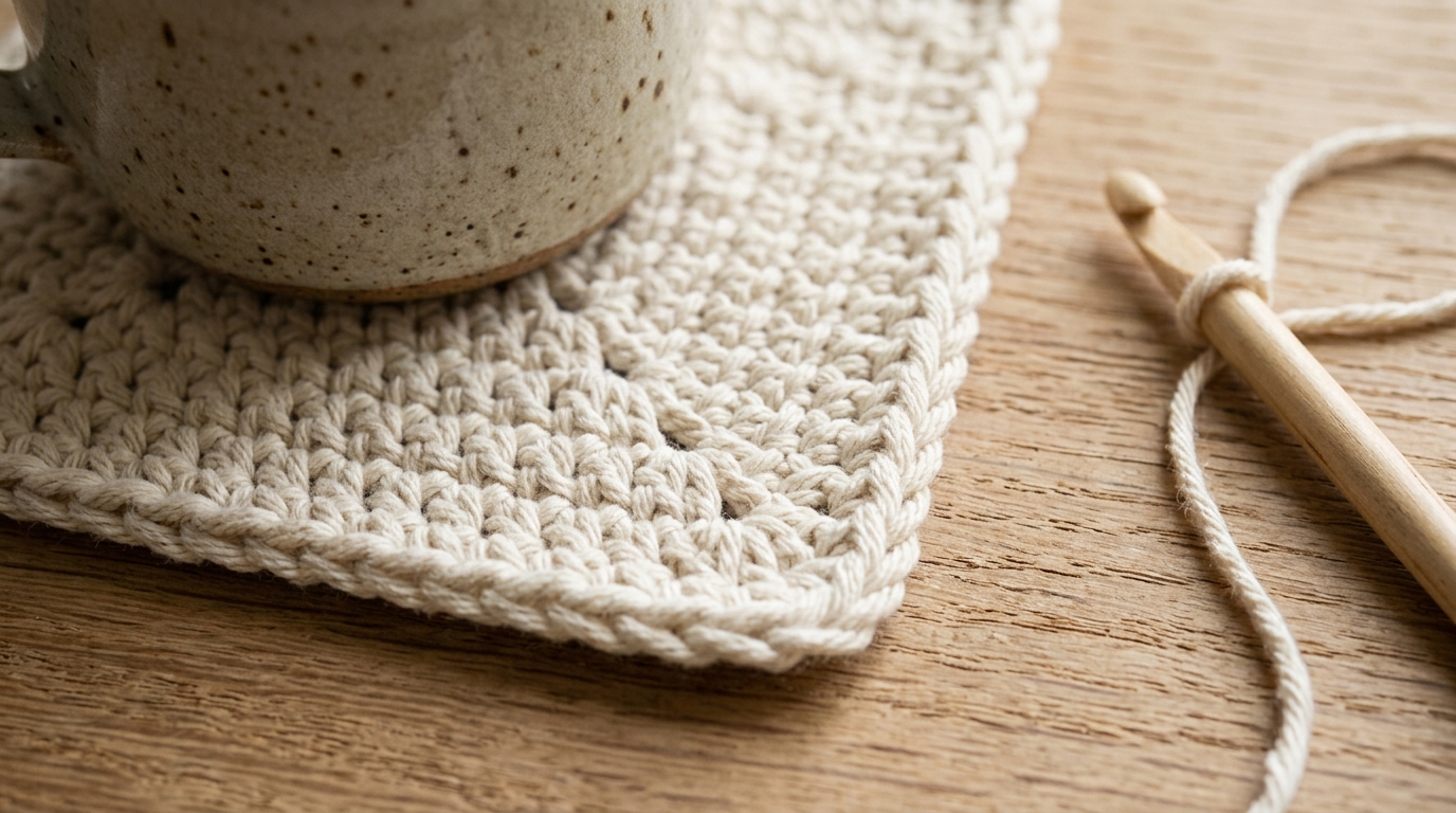 Ultra close-up macro of handmade square crochet coaster with twisted crab stitch border and ceramic coffee mug