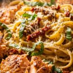 Ultra close-up macro food photography of creamy sun-dried tomato salmon pasta