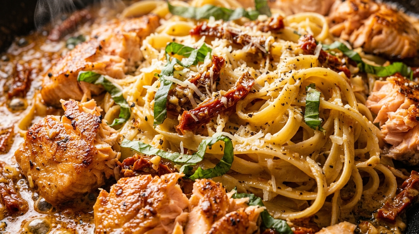 Ultra close-up macro food photography of creamy sun-dried tomato salmon fettuccine pasta with tender seared salmon flakes in a rich garlic cream sauce