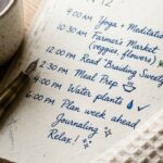 Ultra close-up macro documentary shot of a Sunday planning desk with open linen weekly planner, ceramic mug of tea, and brass pen