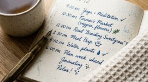 Ultra close-up macro documentary shot of a Sunday planning desk with open linen weekly planner, ceramic mug of tea, and brass pen