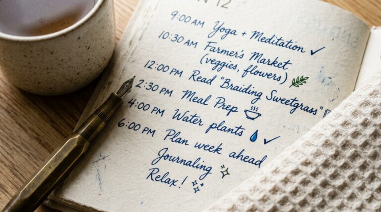 Ultra close-up macro documentary shot of a Sunday planning desk with open linen weekly planner, ceramic mug of tea, and brass pen