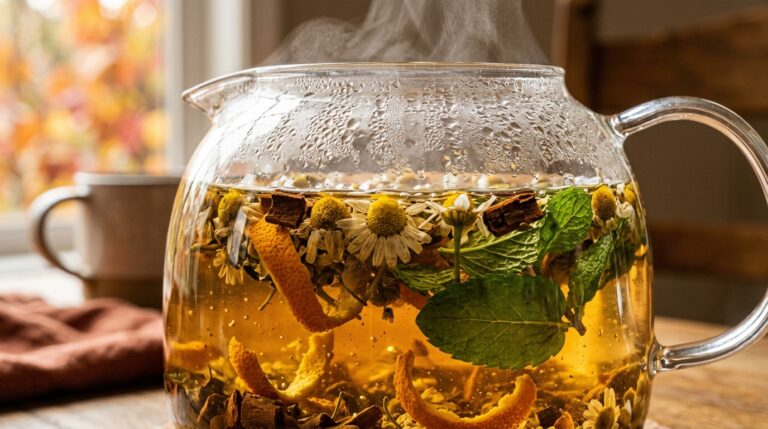 Ultra close-up macro eye-level shot of whole dried chamomile flowers, cinnamon bark, and mint steeping in warm amber tea liquid with rising steam