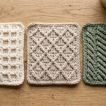 Ultra close-up of textured crochet stitches waffle alpine herringbone swatches