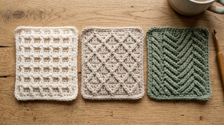 Ultra close-up of textured crochet stitches waffle alpine herringbone swatches