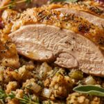 Ultra close-up macro of golden roasted turkey breast carving garnished with fresh herbs and cranberry reduction in ceramic platter