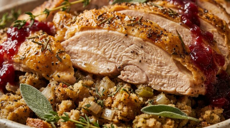 Ultra close-up macro of golden roasted turkey breast carving garnished with fresh herbs and cranberry reduction in ceramic platter