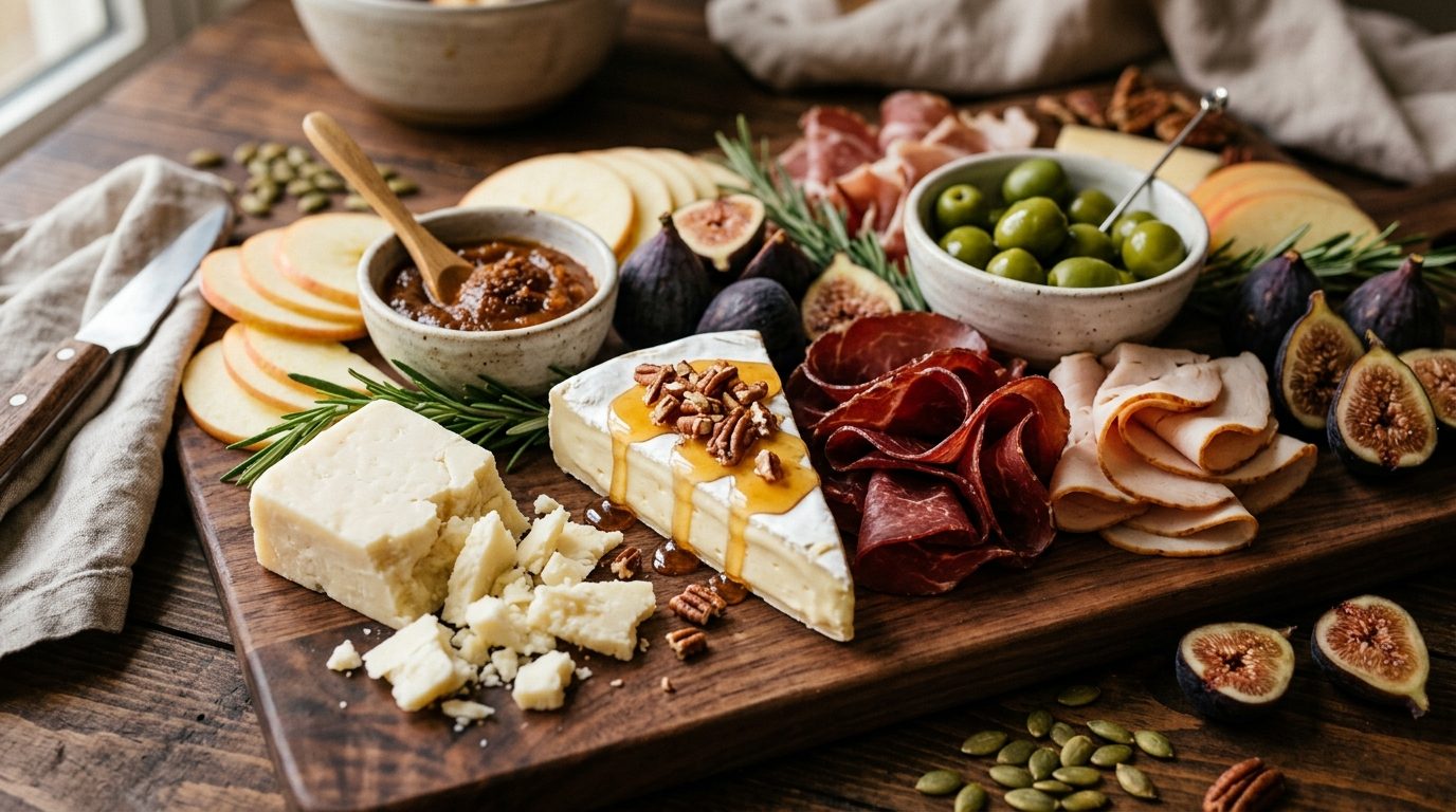 Abundant Trader Joes fall charcuterie board on dark rustic wood with cheeses, cured halal meats, and autumn fruit