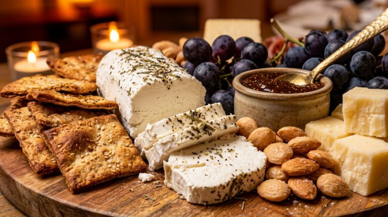 Ultra close-up macro of a budget Trader Joe’s charcuterie board with goat cheese, cheddar, grapes, marcona almonds, and fig spread