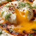 Ultra close-up macro of runny poached egg yolk cascading across garlic Greek yogurt with sizzling Aleppo chili butter