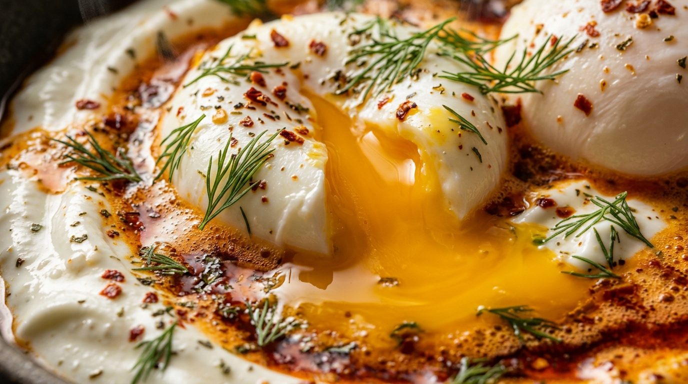 Ultra close-up macro of runny poached egg yolk cascading across garlic Greek yogurt with sizzling Aleppo chili butter