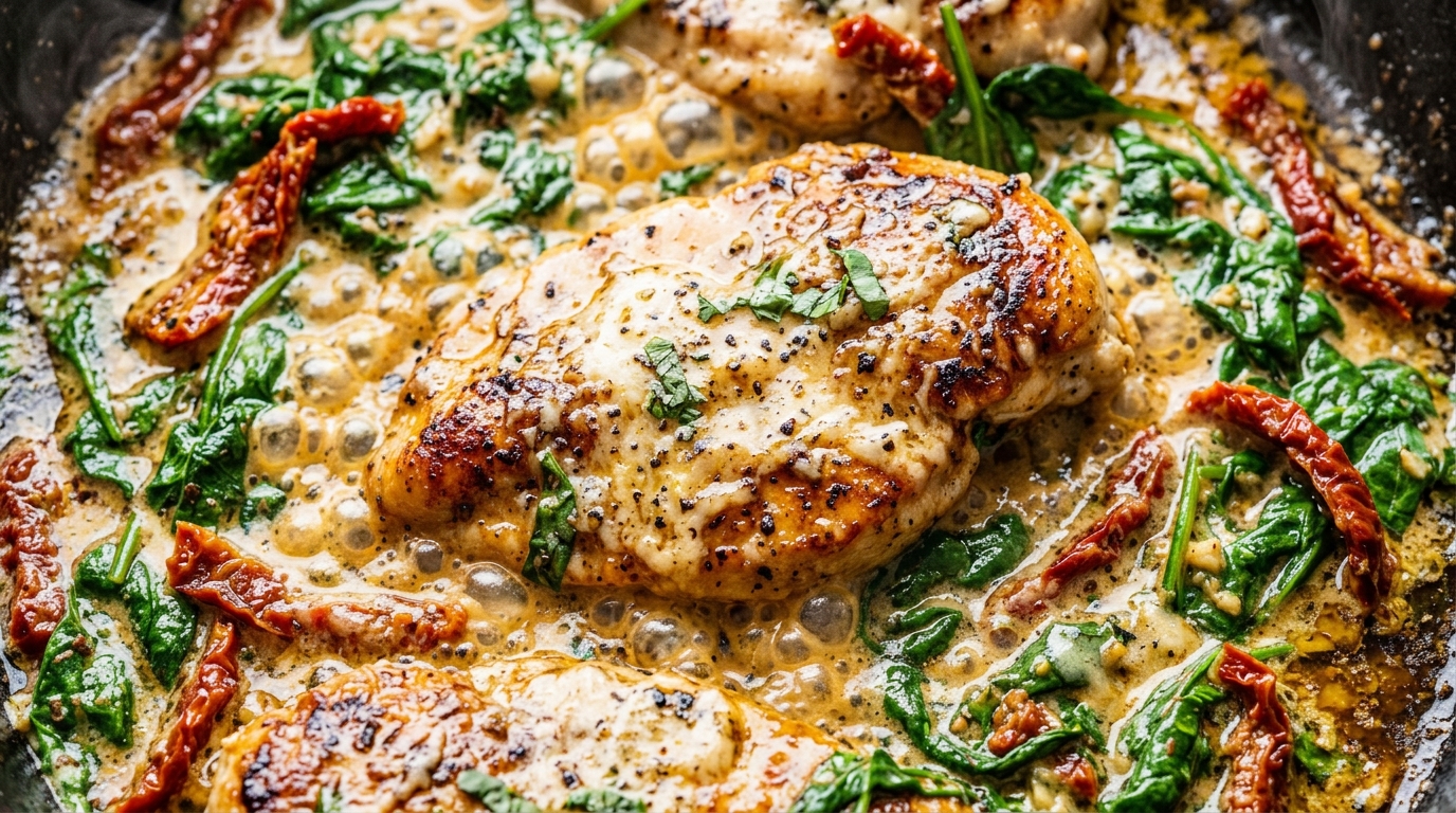 Ultra close-up of golden seared creamy garlic butter Tuscan chicken bubbling in skillet