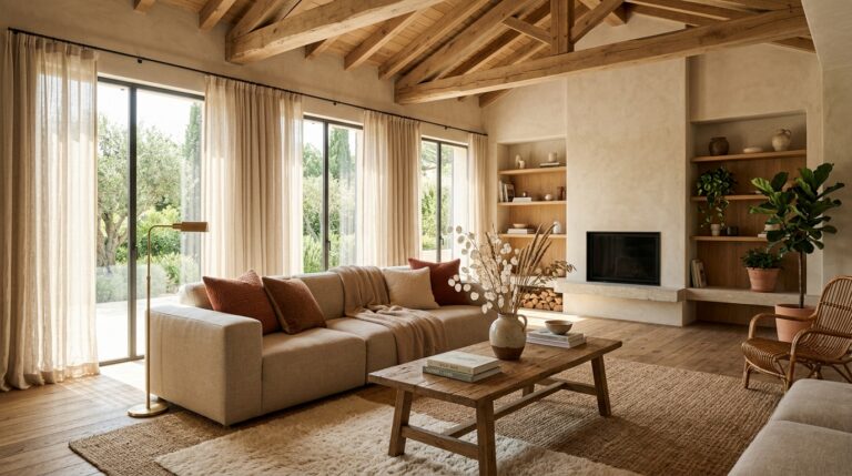 Architectural photography of a warm earthy living room with oatmeal sofa, reclaimed oak table, and layered rugs