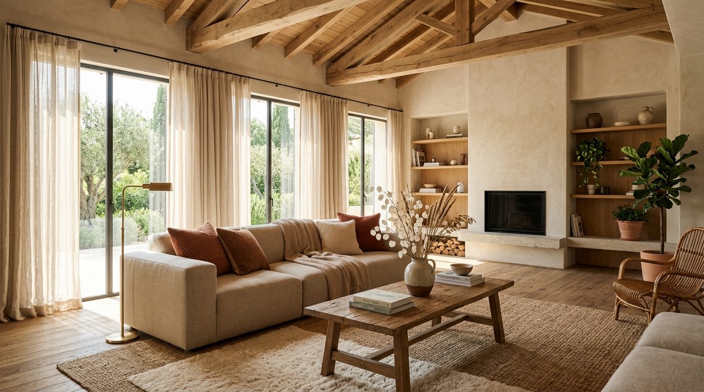 Architectural photography of a warm earthy living room with oatmeal sofa, reclaimed oak table, and layered rugs