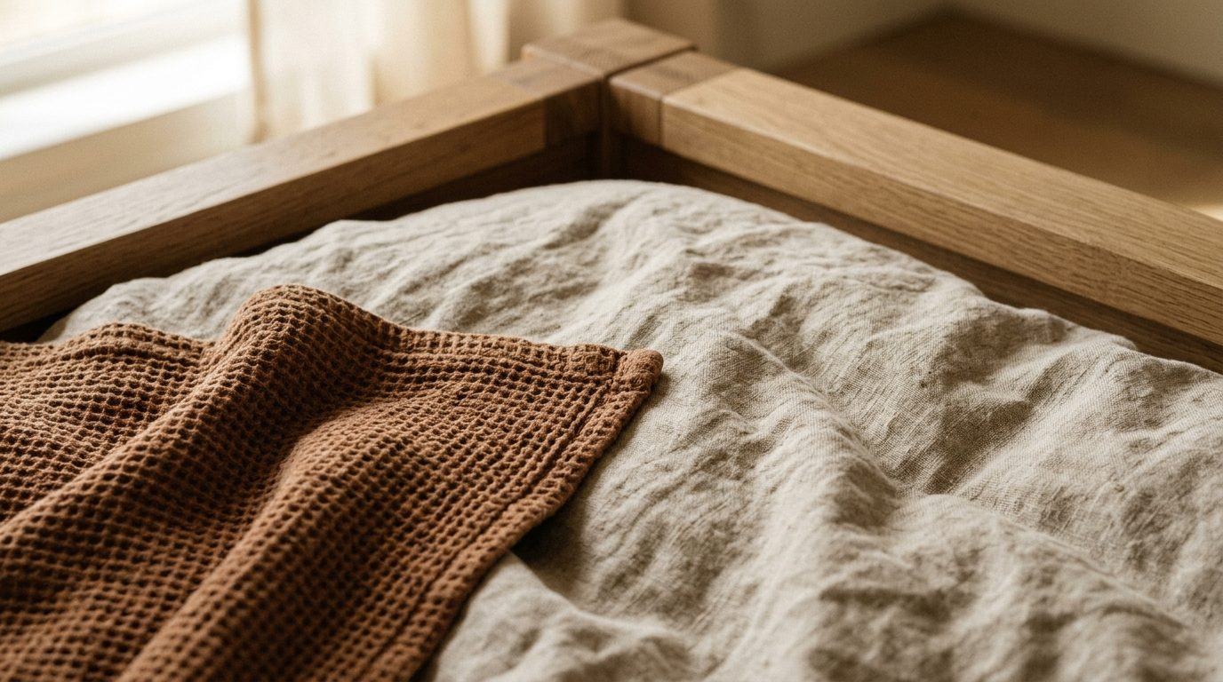 Ultra close-up macro texture of washed Belgian linen duvet in oatmeal and waffle throw on oak platform bed