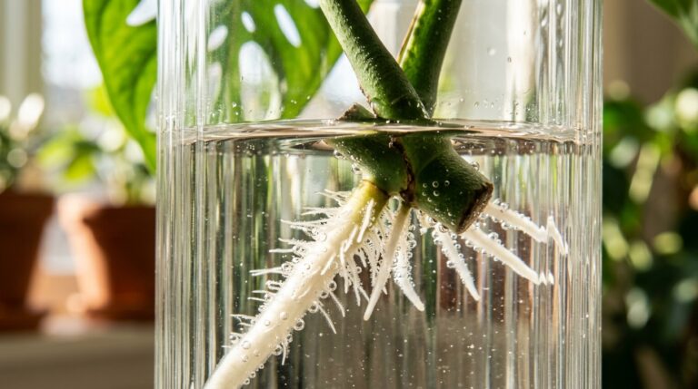 Clear glass vessels with rooting plant cuttings on a sunny modern windowsill