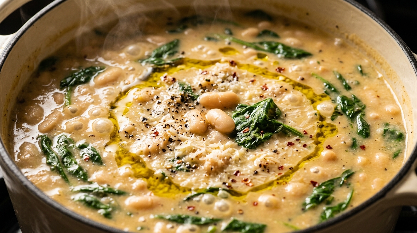 Ultra close-up macro food photography of creamy white bean and spinach soup bubbling in a cast iron Dutch oven with tender beans and vibrant greens