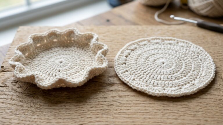 Side by side comparison of a warped bowl curling crochet coaster versus a perfectly flat blocked coaster on oak workbench