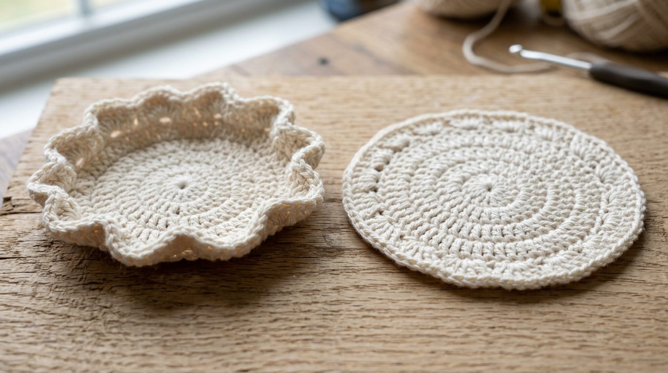 Side by side comparison of a warped bowl curling crochet coaster versus a perfectly flat blocked coaster on oak workbench