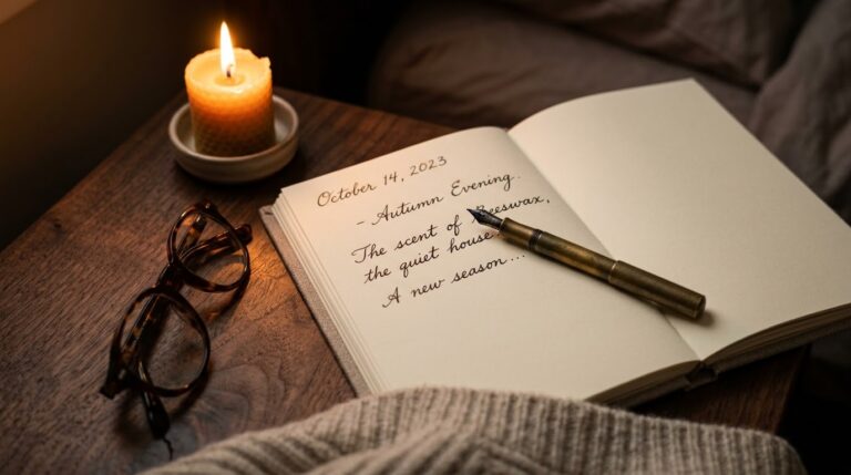 Ultra close-up macro documentary shot of a bedside nightstand with an open linen journal, brass fountain pen, burning beeswax candle, and chunky knit wool throw