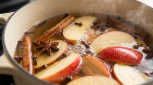 Ultra close-up macro of fresh red apples, cinnamon sticks and whole cloves simmering gently in cream Dutch oven