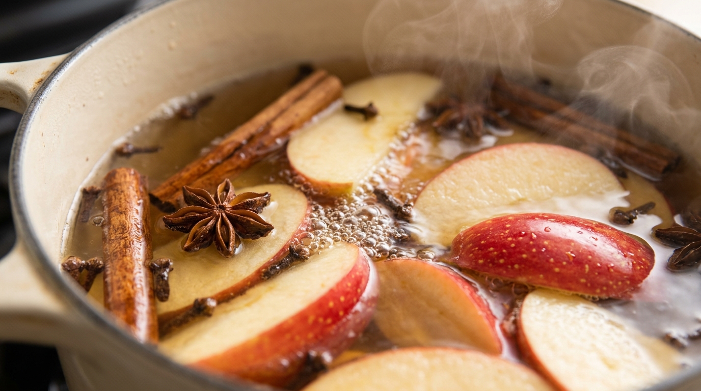 Ultra close-up macro of fresh red apples, cinnamon sticks and whole cloves simmering gently in cream Dutch oven