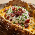 Extreme close-up macro of a loaded baked potato with sharp cheddar, sour cream, chives, and crispy halal beef bacon