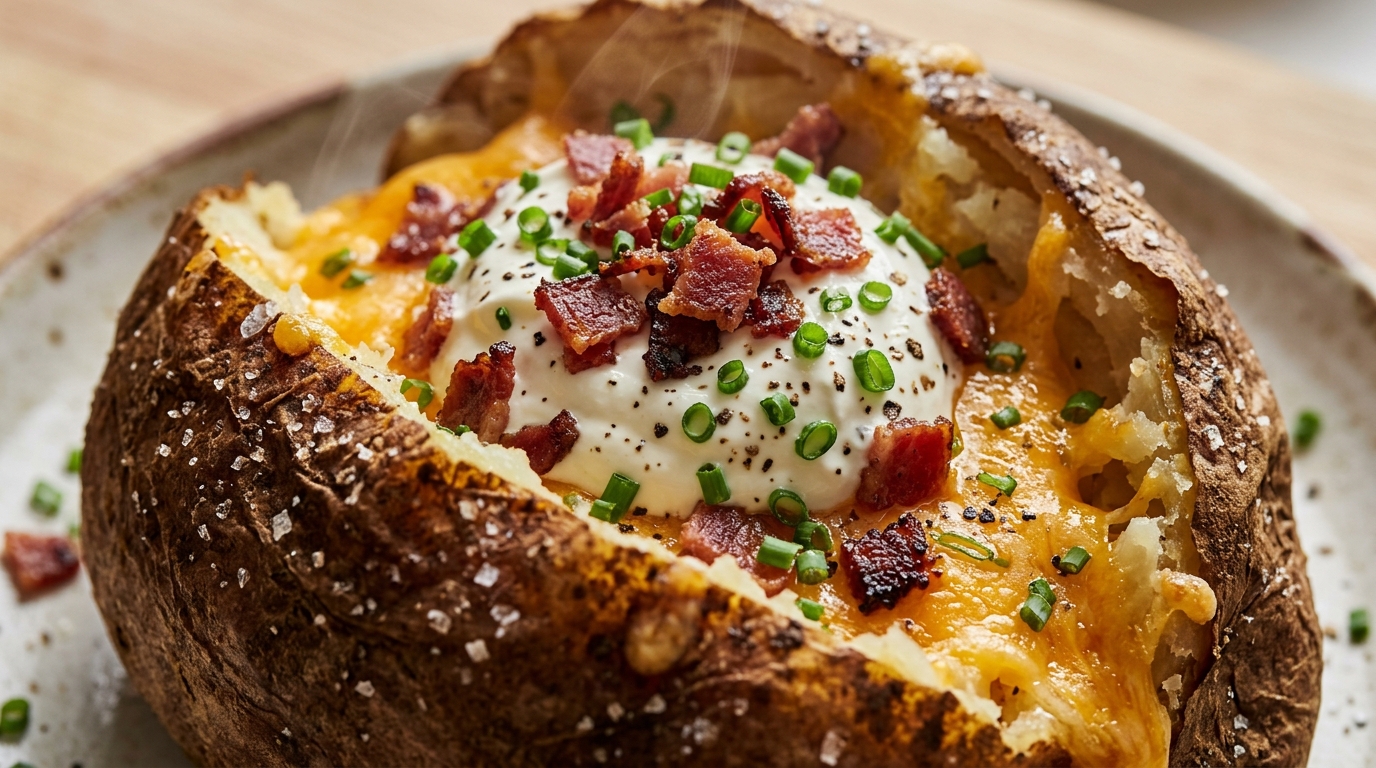 Extreme close-up macro of a loaded baked potato split open with melted sharp cheddar, sour cream, chives, and crispy halal beef bacon