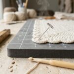 Close-up macro of handmade cream cotton crochet placemat pinned along 1-inch foam grid line with rust-proof T-pins and gentle steam mist on travertine workbench