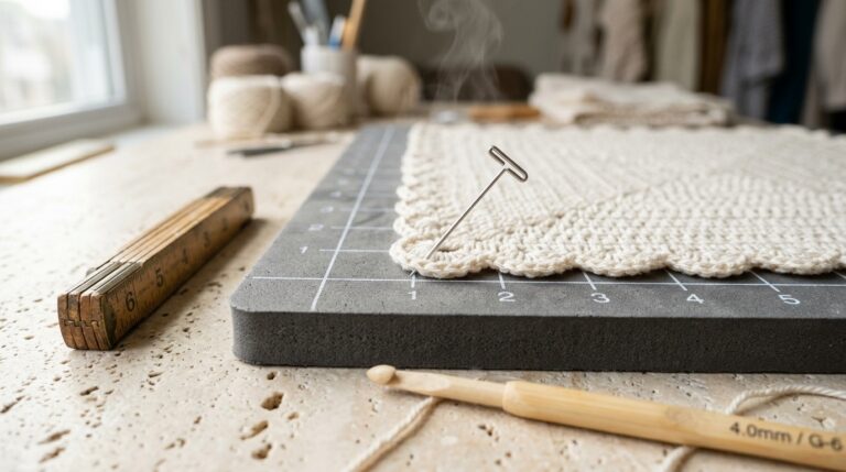 Close-up macro of handmade cream cotton crochet placemat pinned along 1-inch foam grid line with rust-proof T-pins and gentle steam mist on travertine workbench