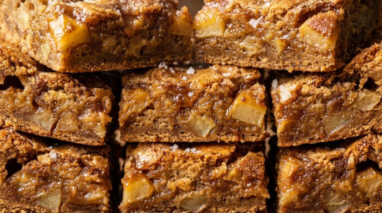 Ultra close-up macro food photography of freshly sliced chewy brown butter apple blondies stacked with caramelized cinnamon apples and flaky sea salt