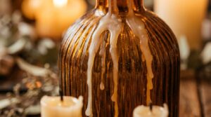 Ultra close-up macro of glowing ivory taper candles in vintage amber glass bottles with warm wax drips on rustic dinner table