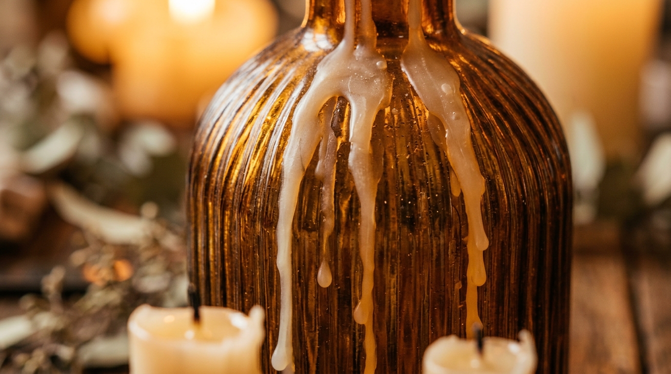 Ultra close-up macro of glowing ivory taper candles in vintage amber glass bottles with warm wax drips on rustic dinner table