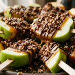 Extreme close-up macro of a party caramel apple bar platter with thick green and red apple slices skewered on craft sticks, dipped in warm caramel and crushed pecans