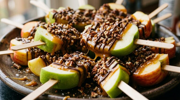 Extreme close-up macro of a party caramel apple bar platter with thick green and red apple slices skewered on craft sticks, dipped in warm caramel and crushed pecans