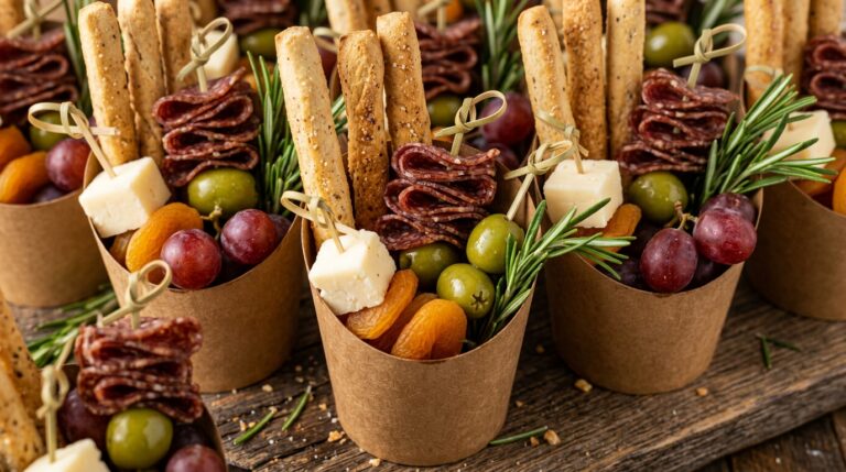 Extreme close-up macro of party individual charcuterie cups filled with artisan grissini breadsticks, halal beef salami ribbons, sharp cheddar cubes, olives, and rosemary
