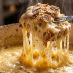 Extreme close-up macro photograph of bubbling melted Swiss and Gruyère cheese fondue with bread dipped on fork