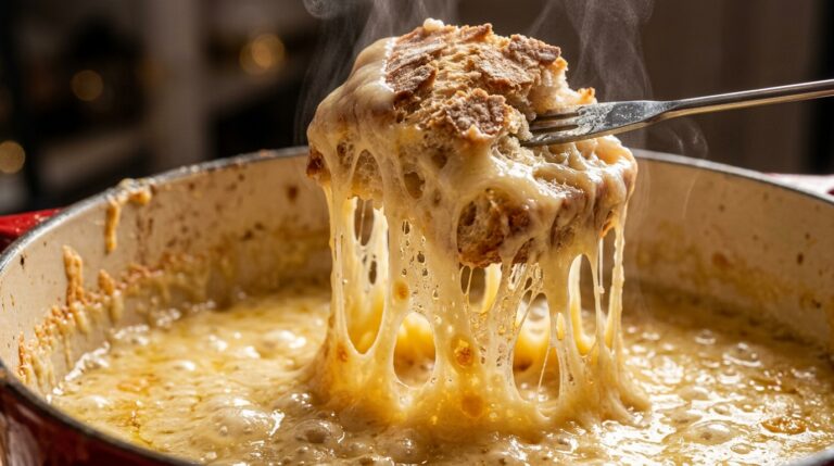 Extreme close-up macro photograph of bubbling melted Swiss and Gruyère cheese fondue with bread dipped on fork