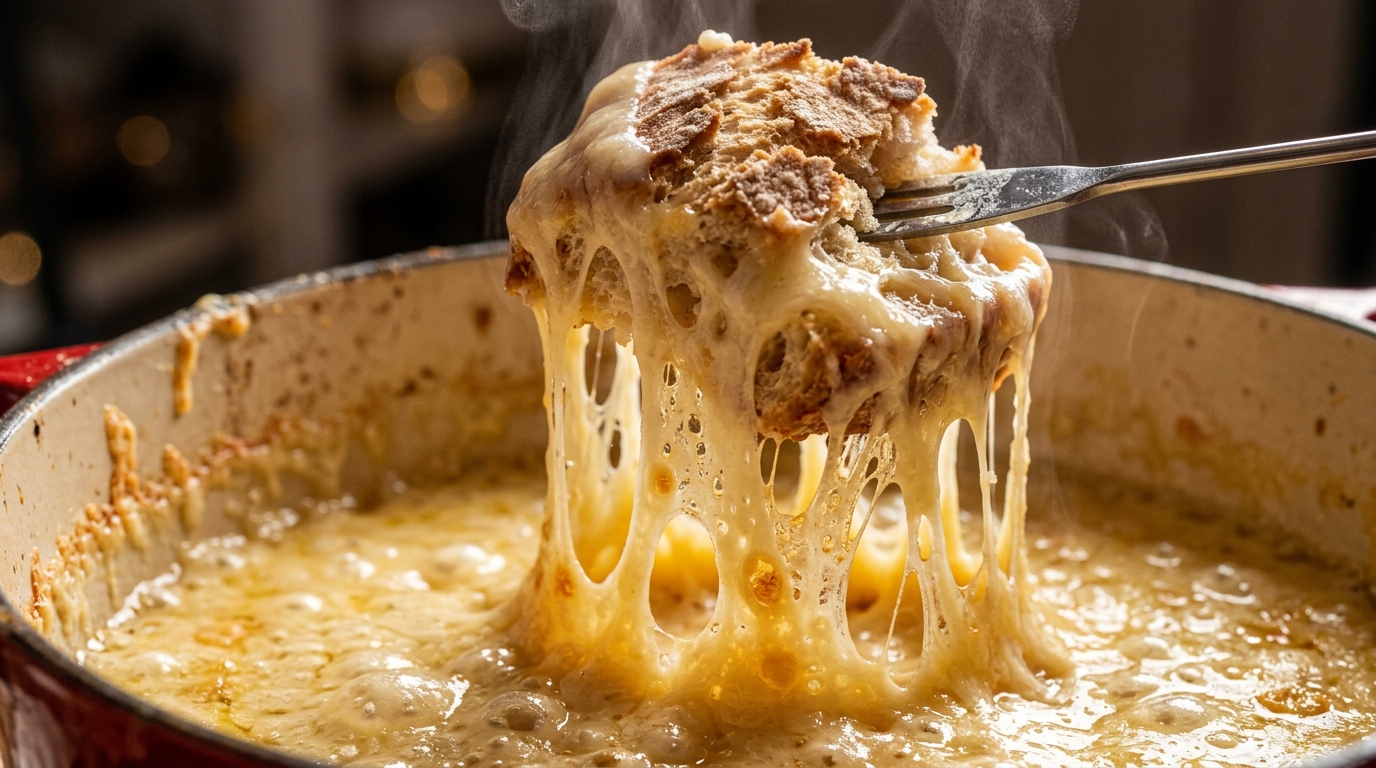 Extreme close-up macro of bubbling velvety melted cheese fondue in an enameled ceramic pot with crusty bread dipped on a fork