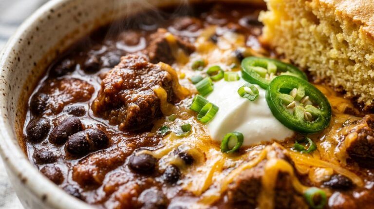 Extreme close-up macro of a chili bar bowl with sharp cheddar and cornbread