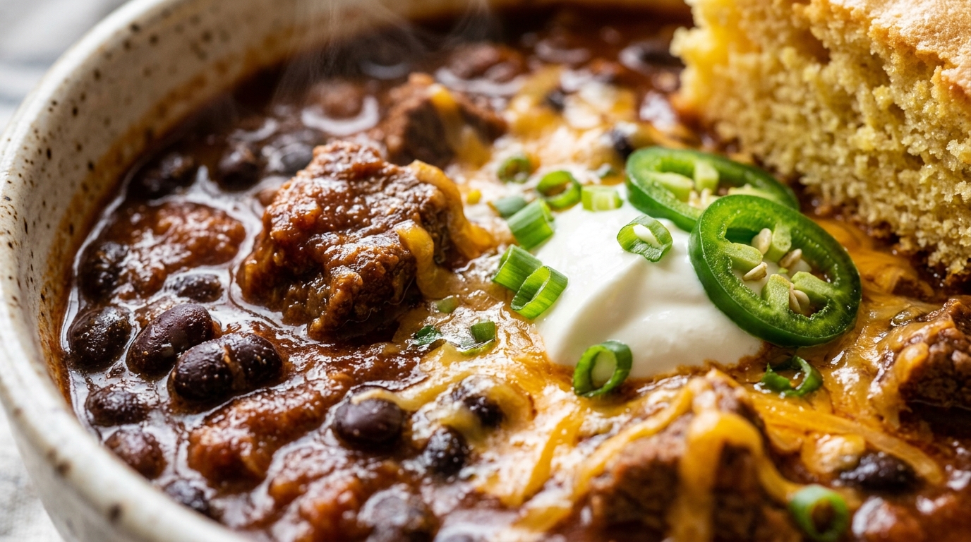 Extreme close-up macro of a rich chili bar bowl with sharp cheddar, sour cream, scallions, and golden cornbread