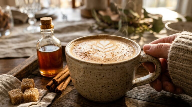 Extreme close-up macro of an artisan coffee mug with oat milk latte art, caramel drizzle, and cinnamon