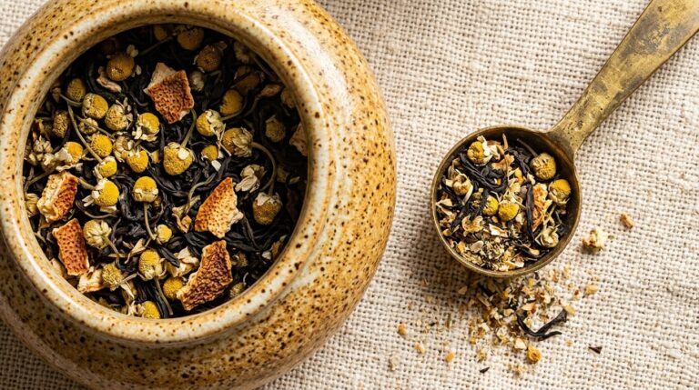 Ultra close-up macro of artisanal chamomile blossoms and loose black tea in ceramic canisters with antique brass measuring spoon