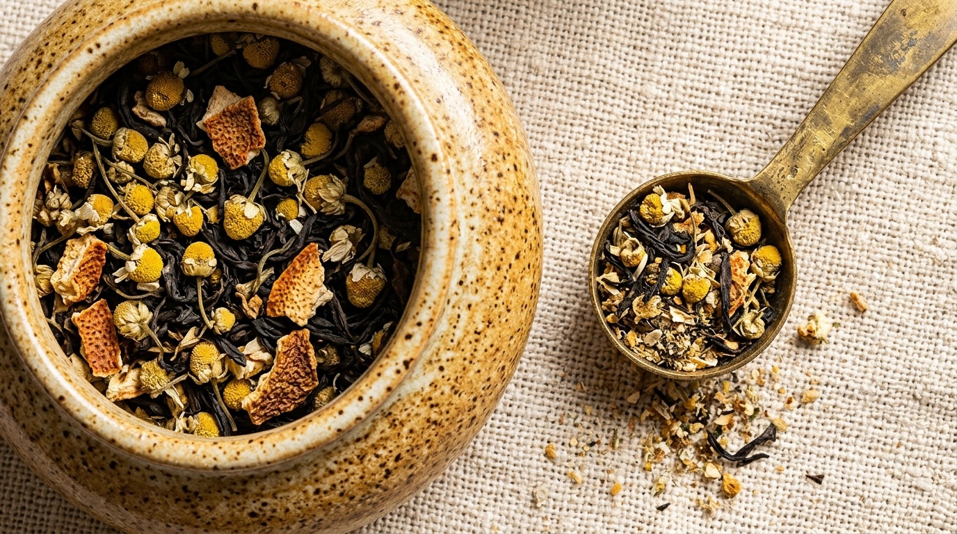 Ultra close-up macro of artisanal chamomile blossoms and loose black tea in ceramic canisters with antique brass measuring spoon