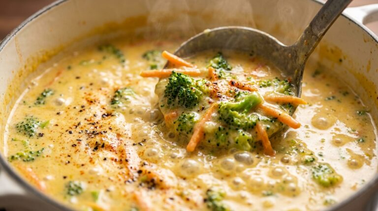 Ultra close-up macro food photography of rich velvety creamy broccoli cheddar soup with tender florets and melted sharp cheese simmering in a Dutch oven