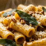 Ultra close-up macro food photography of creamy butternut squash pasta with crispy sage and toasted pecans