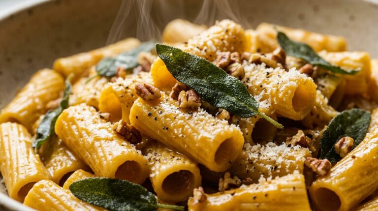 Ultra close-up macro food photography of creamy butternut squash pasta with crispy sage and toasted pecans